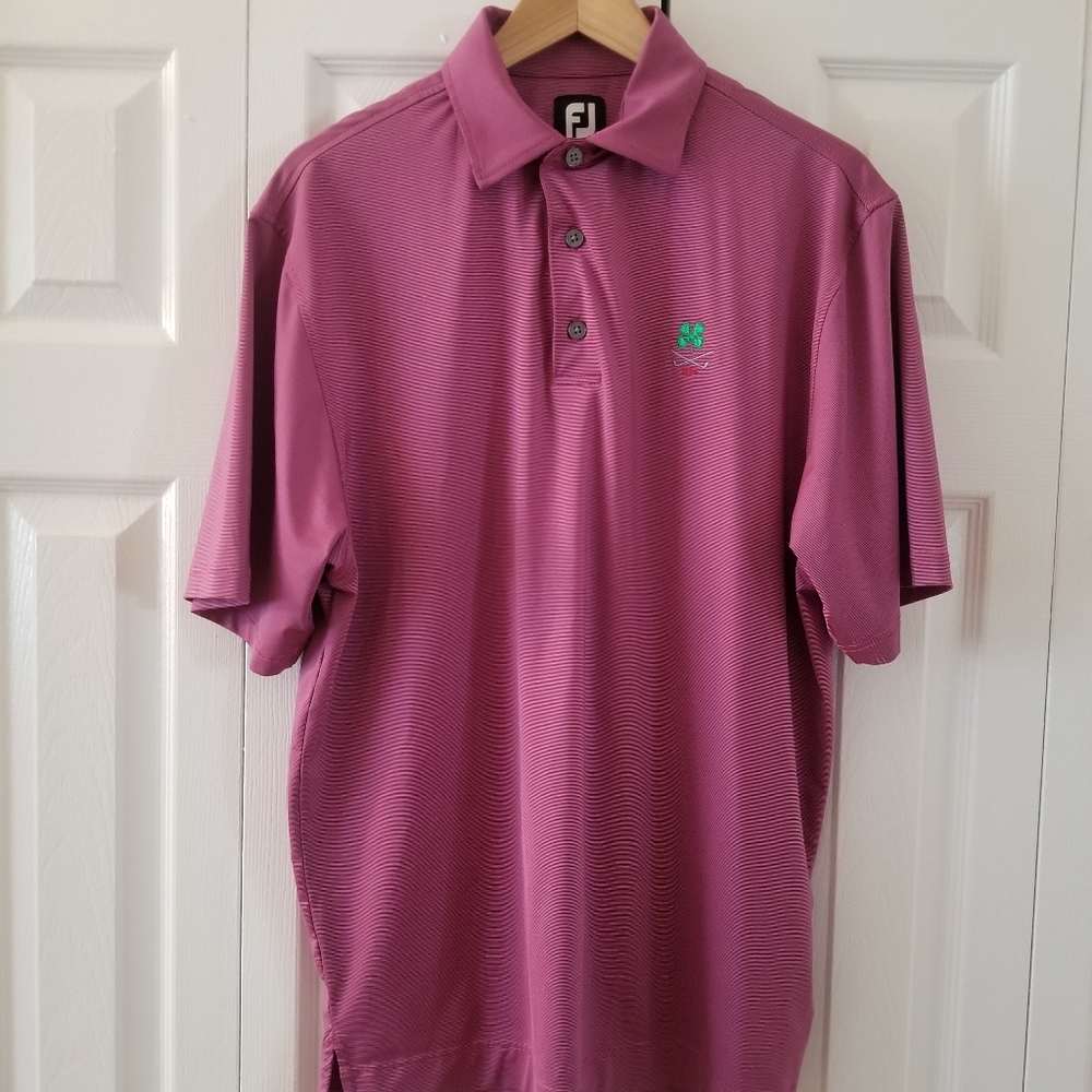 FootJoy FJ Men Short Sleeve Golf Polo Shirt Size Medium Violet Striped 1894 Logo